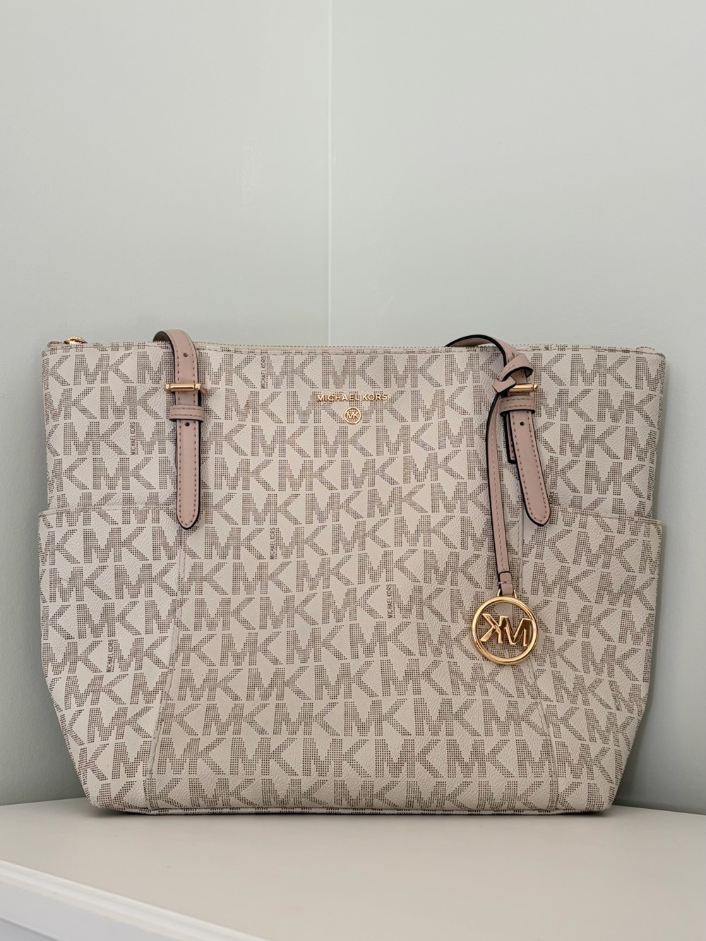 Michael Kors Beige Monogram Tote with Blush Trim and Gold Hardware